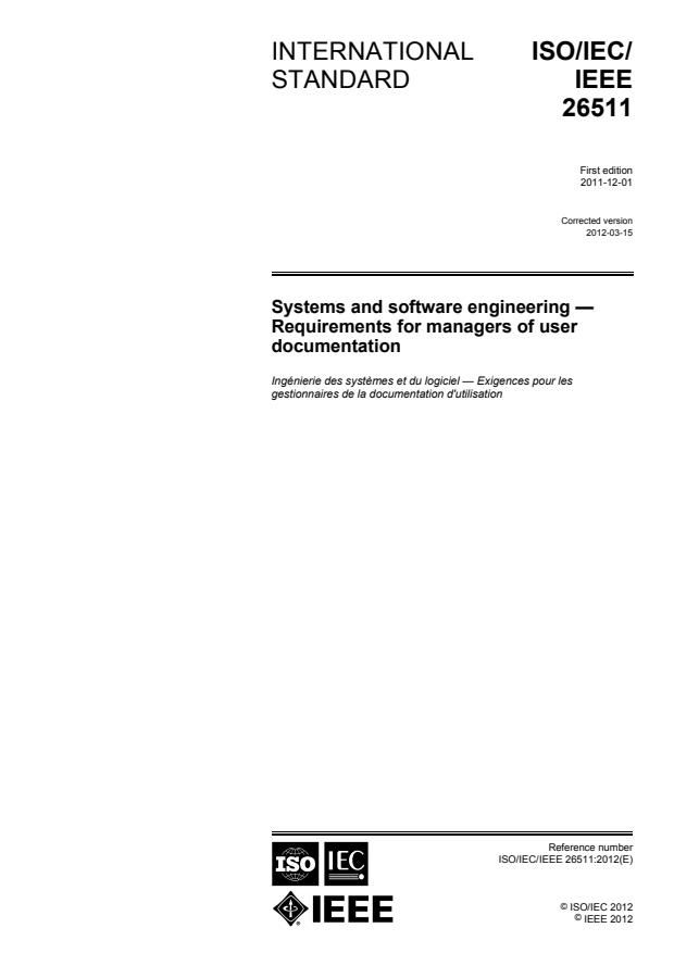 ISO/IEC/IEEE 26511:2011 - Systems and software engineering -- Requirements for managers of user documentation