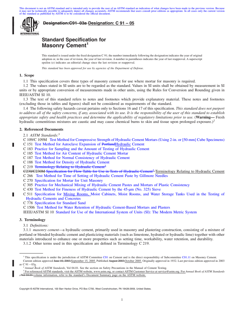 REDLINE ASTM C91-05 - Standard Specification for Masonry Cement