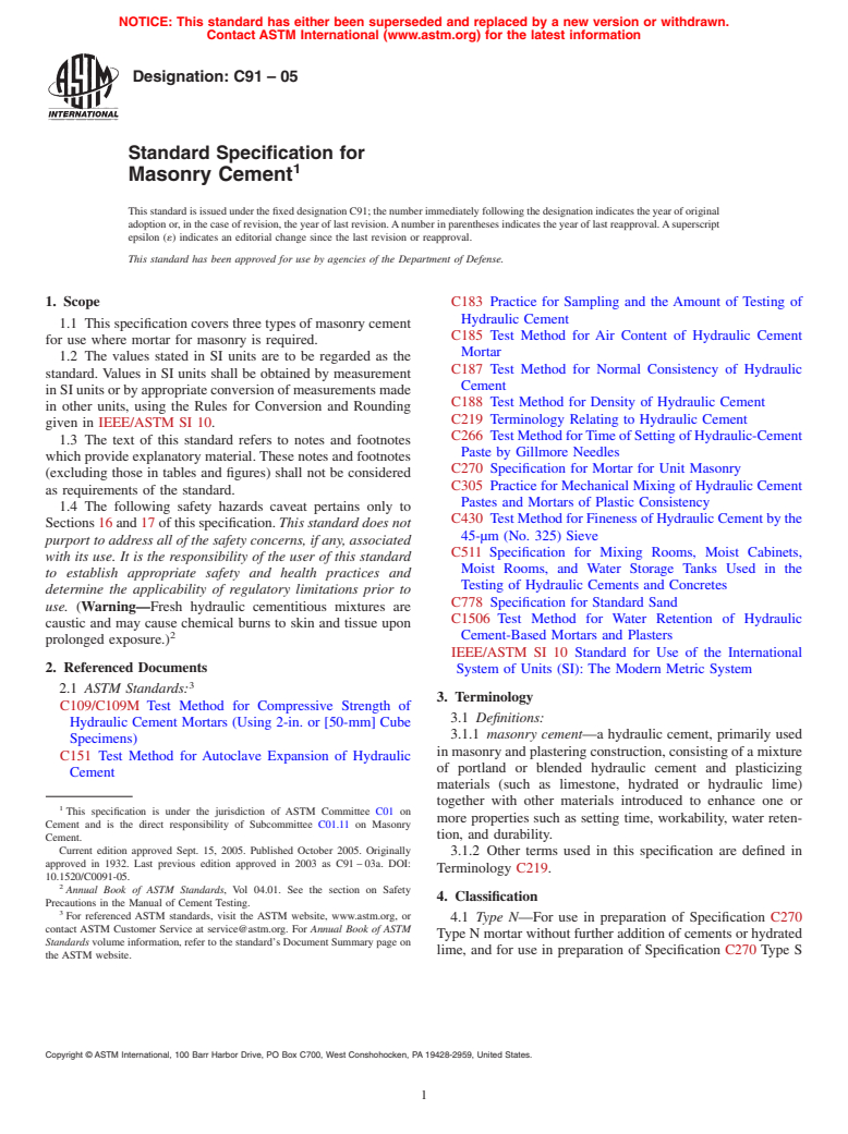 ASTM C91-05 - Standard Specification for Masonry Cement