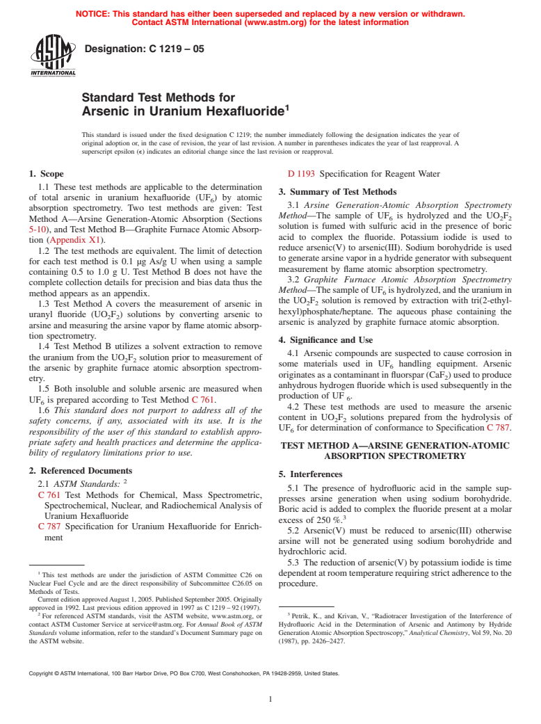 ASTM C1219-05 - Standard Test Methods for Arsenic in Uranium Hexafluoride