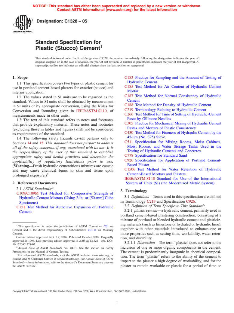 ASTM C1328-05 - Standard Specification for Plastic (Stucco) Cement