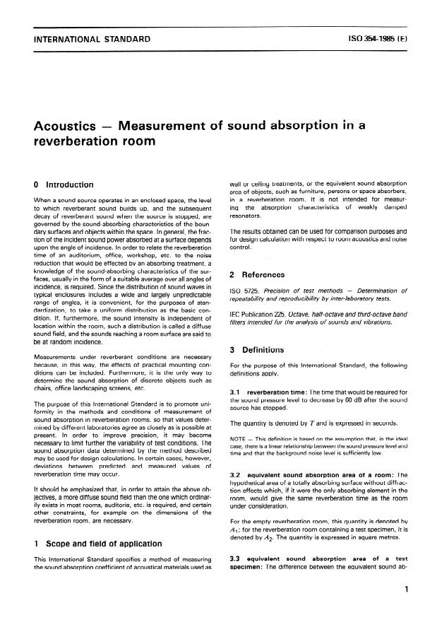 ISO 354:1985 - Acoustics -- Measurement of sound absorption in a reverberation room