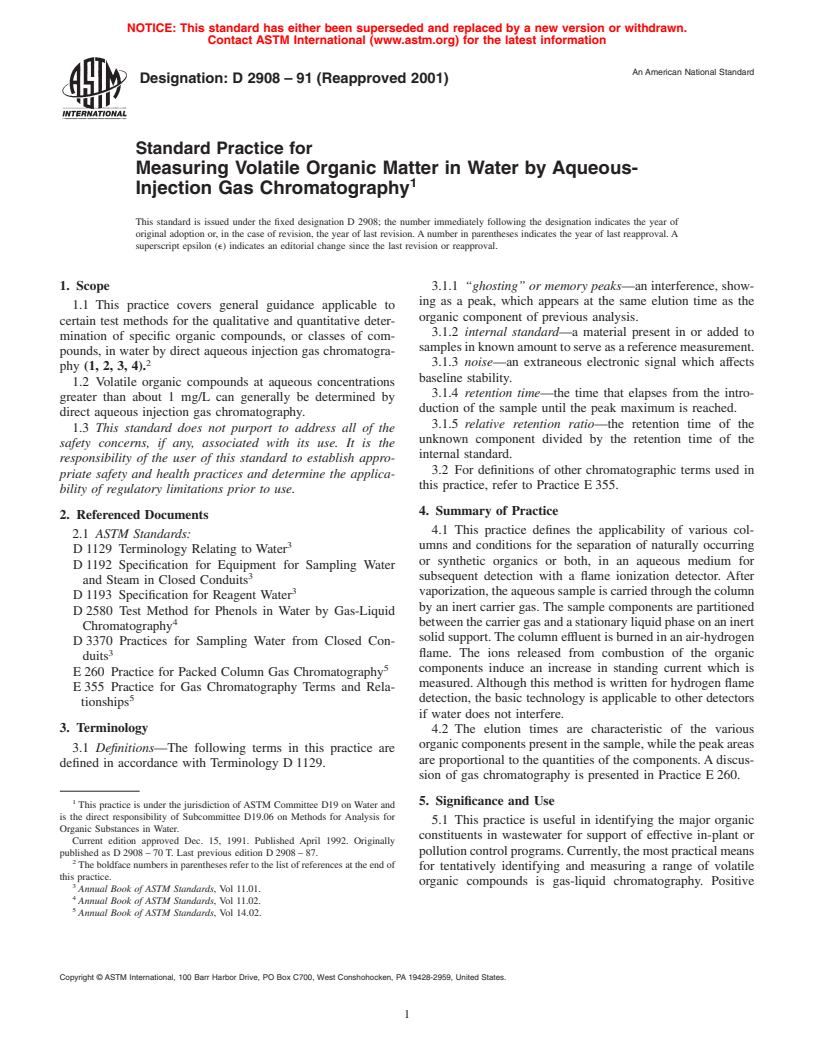 ASTM D2908-91(2001) - Standard Practice for Measuring Volatile Organic Matter in Water by Aqueous-Injection Gas Chromatography