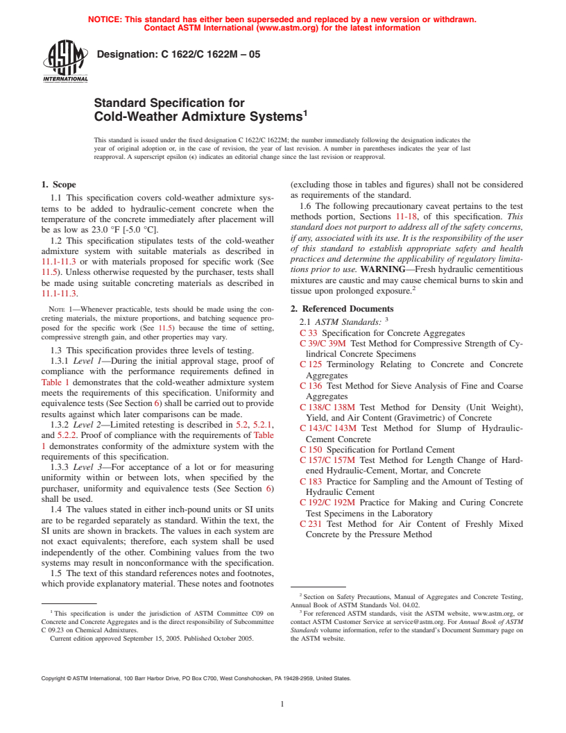 ASTM C1622/C1622M-05 - Standard Specification for Cold-Weather Admixture Systems