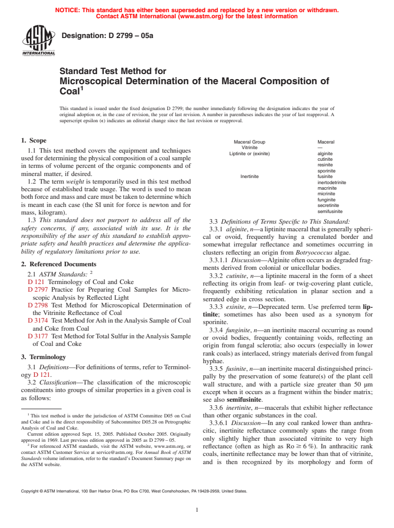 ASTM D2799-05a - Standard Test Method for Microscopical Determination of the Maceral Composition of Coal