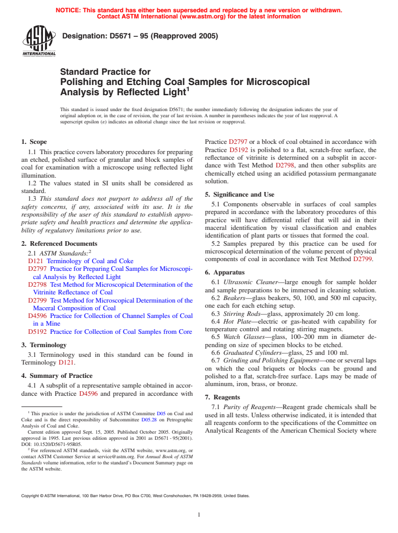 ASTM D5671-95(2005) - Standard Practice for Polishing and Etching Coal Samples for Microscopical Analysis by Reflected Light