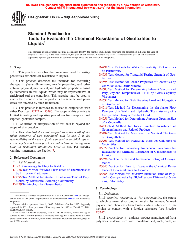 ASTM D6389-99(2005) - Standard Practice for Tests to Evaluate the Chemical Resistance of Geotextiles to Liquids