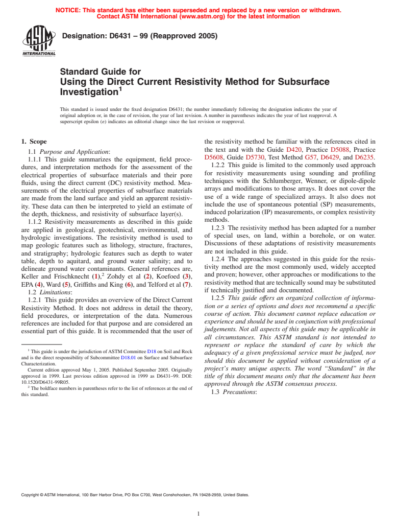 ASTM D6431-99(2005) - Standard Guide for Using the Direct Current Resistivity Method for Subsurface Investigation