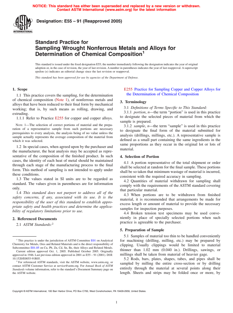 ASTM E55-91(2005) - Standard Practice for Sampling Wrought Nonferrous Metals and Alloys for Determination of Chemical Composition