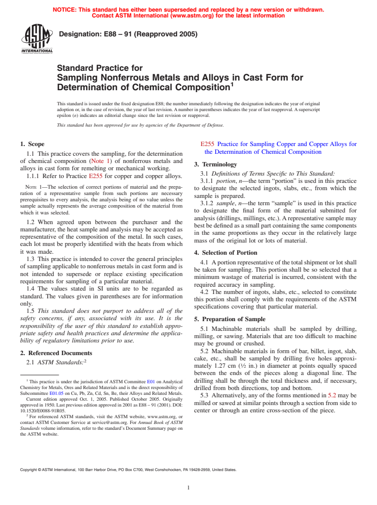 ASTM E88-91(2005) - Standard Practice for Sampling Nonferrous Metals and Alloys in Cast Form for Determination of Chemical Composition