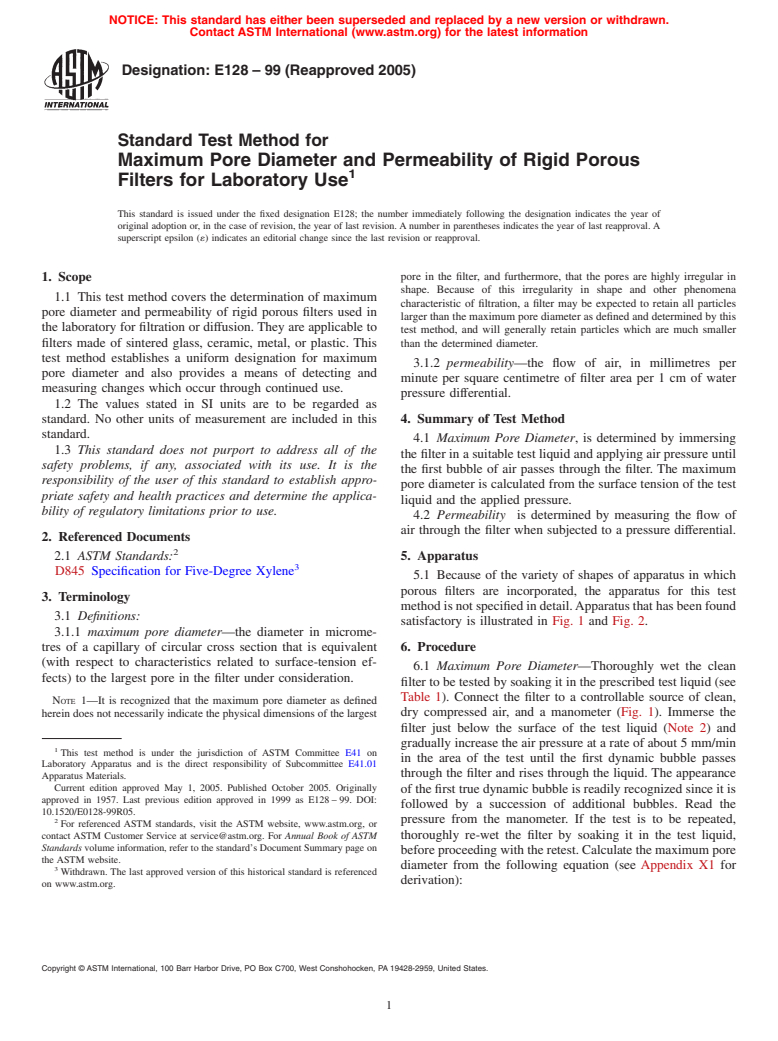 ASTM E128-99(2005) - Standard Test Method for Maximum Pore Diameter and Permeability of Rigid Porous Filters for Laboratory Use