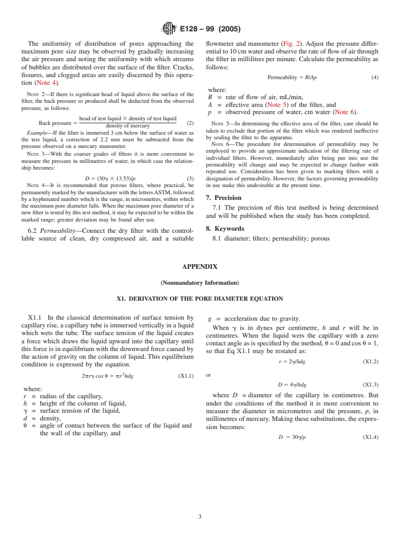 ASTM E128-99(2005) - Standard Test Method for Maximum Pore Diameter and Permeability of Rigid Porous Filters for Laboratory Use