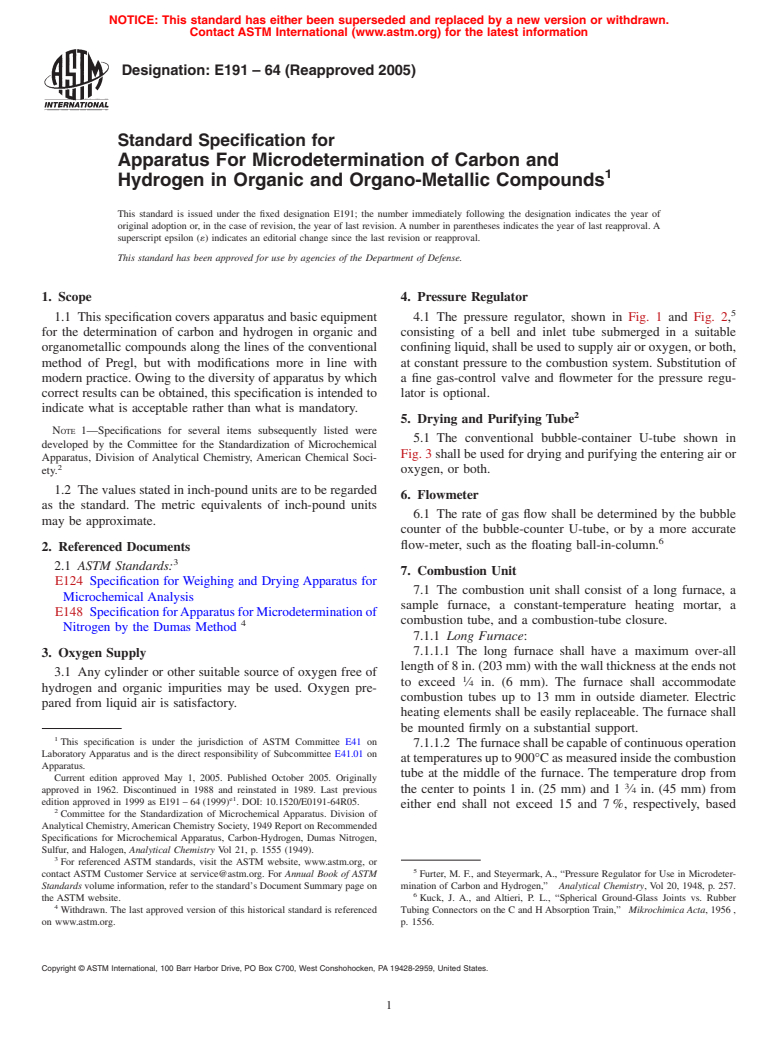 ASTM E191-64(2005) - Standard Specification for Apparatus For Microdetermination of Carbon and Hydrogen in Organic and Organo-Metallic Compounds