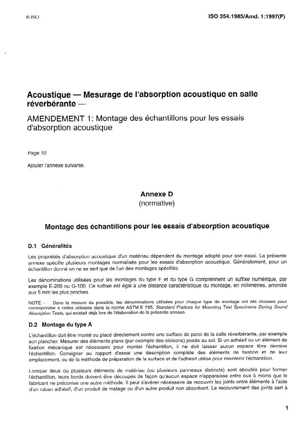 ISO 354:1985/Amd 1:1997 - d'absorption acoustique