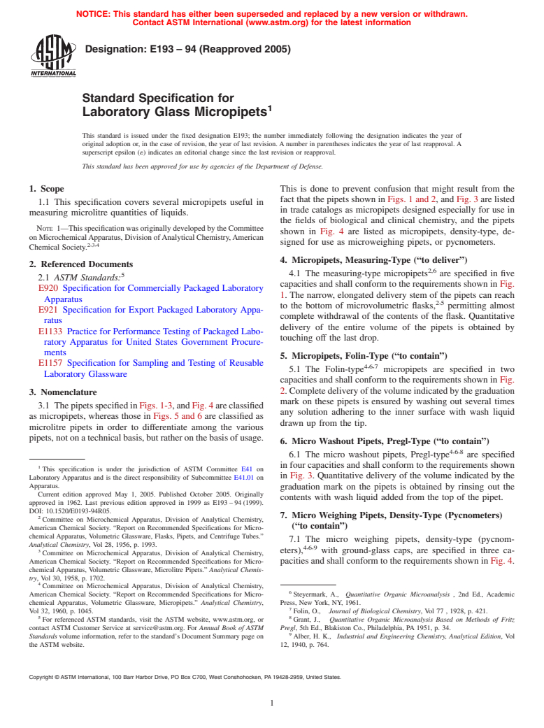 ASTM E193-94(2005) - Standard Specification for Laboratory Glass Micropipets