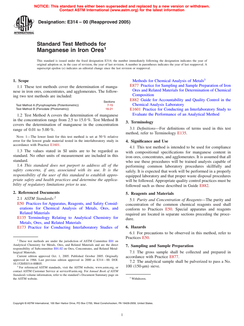 ASTM E314-00(2005) - Standard Test Methods for Manganese in Iron Ores