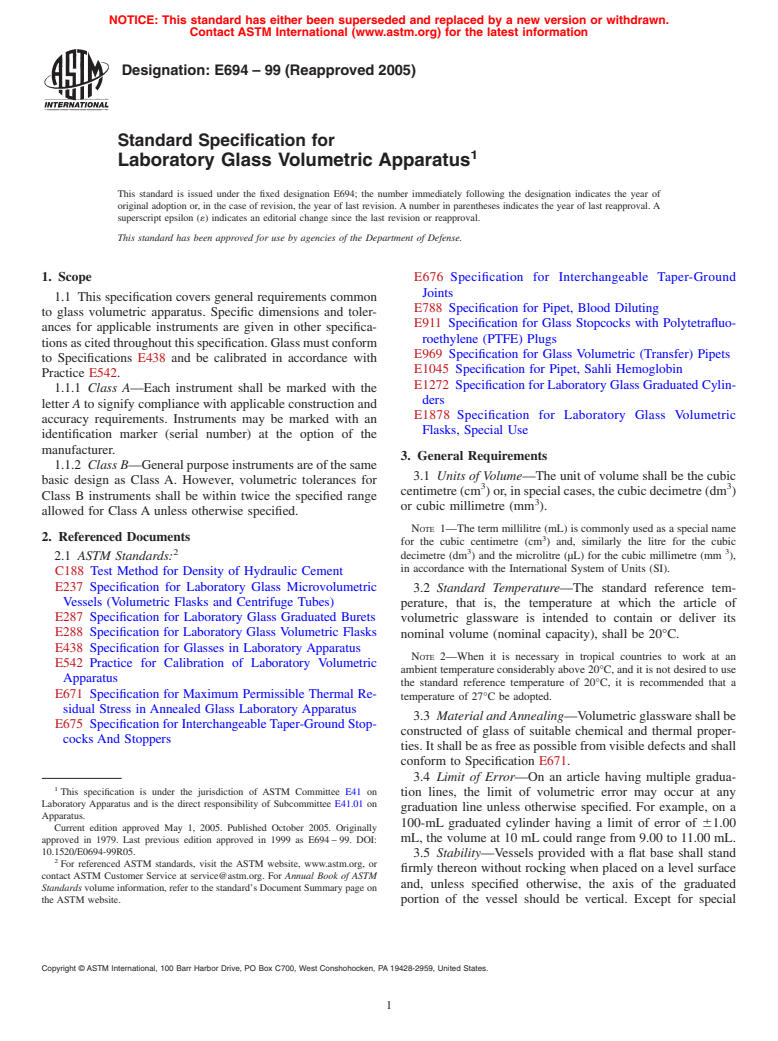 ASTM E694-99(2005) - Standard Specification for Laboratory Glass Volumetric Apparatus