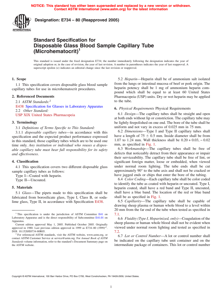 ASTM E734-80(2005) - Standard Specification for Disposable Glass Blood Sample Capillary Tube (Microhematocrit)