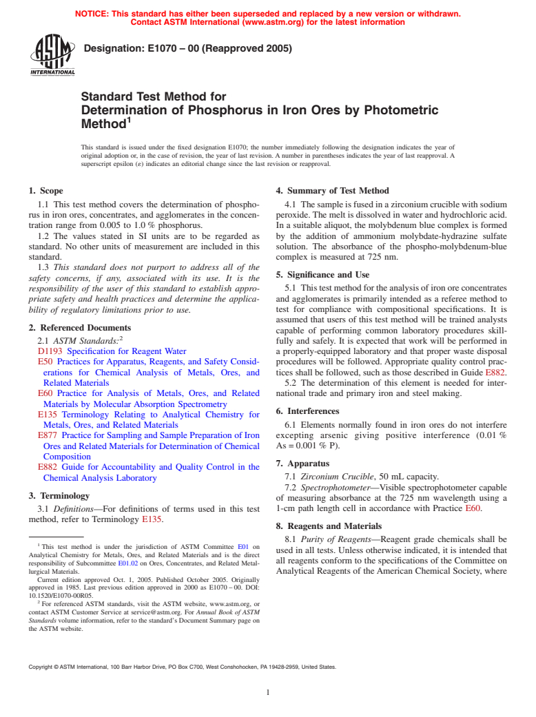 ASTM E1070-00(2005) - Standard Test Method for Determination of Phosphorus in Iron Ores by the Phosphometric Method