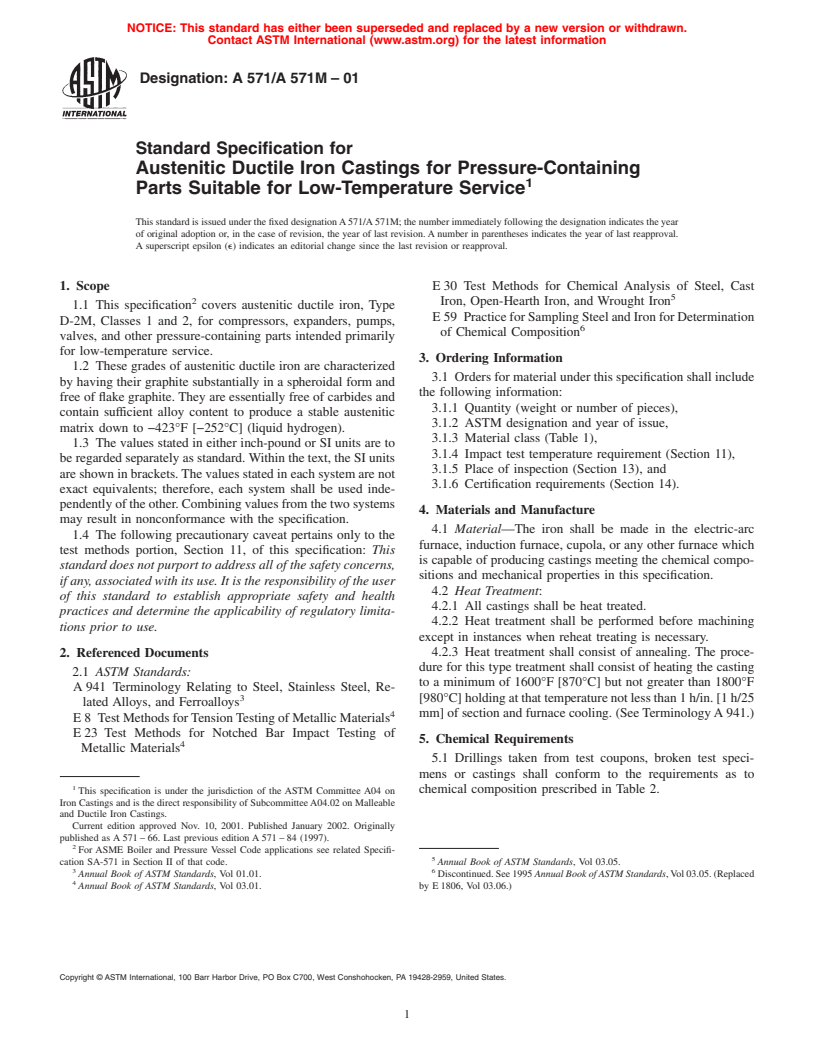 ASTM A571/A571M-01 - Standard Specification for Austenitic Ductile Iron Castings for Pressure-Containing Parts Suitable for Low-Temperature Service
