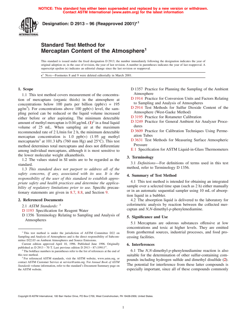 ASTM D2913-96(2001)e1 - Standard Test Method for Mercaptan Content of the Atmosphere