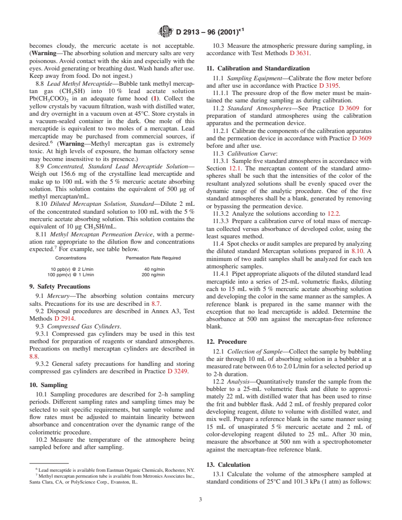 ASTM D2913-96(2001)e1 - Standard Test Method for Mercaptan Content of the Atmosphere