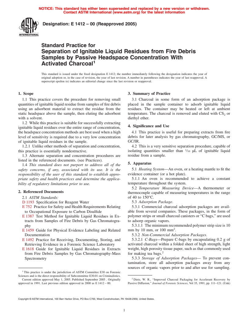 ASTM E1412-00(2005) - Standard Practice for Separation of Ignitable Liquid Residues from Fire Debris Samples by Passive Headspace Concentration With Activated Charcoal