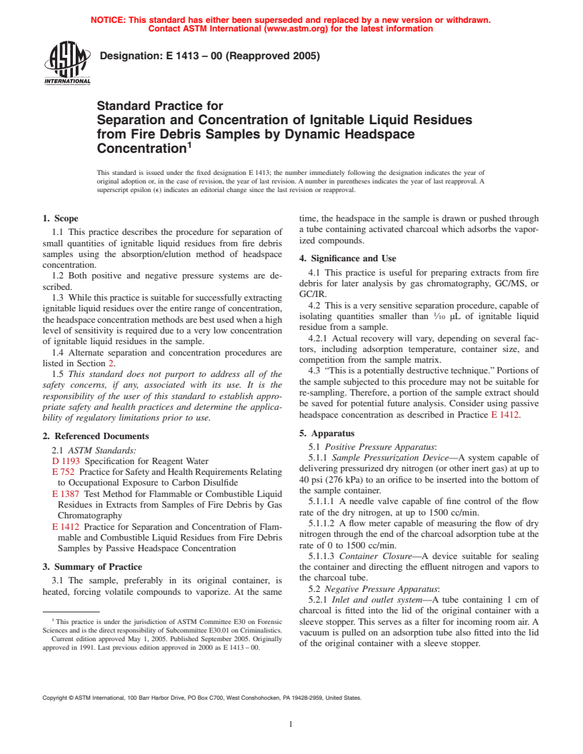 ASTM E1413-00(2005) - Standard Practice for Separation and Concentration of Ignitable Liquid Residues from Fire Debris Samples by Dynamic Headspace Concentration