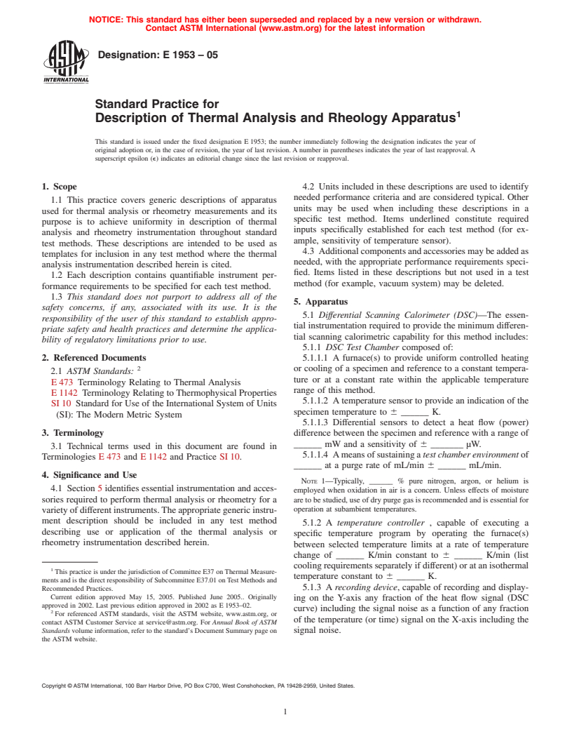 ASTM E1953-05 - Standard Practice for Description of Thermal Analysis Apparatus