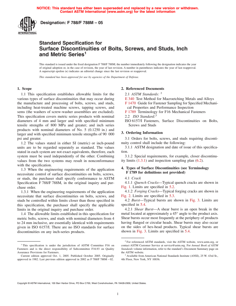 ASTM F788/F788M-05 - Standard Specification for Surface Discontinuities of Bolts, Screws, and Studs, Inch and Metric Series