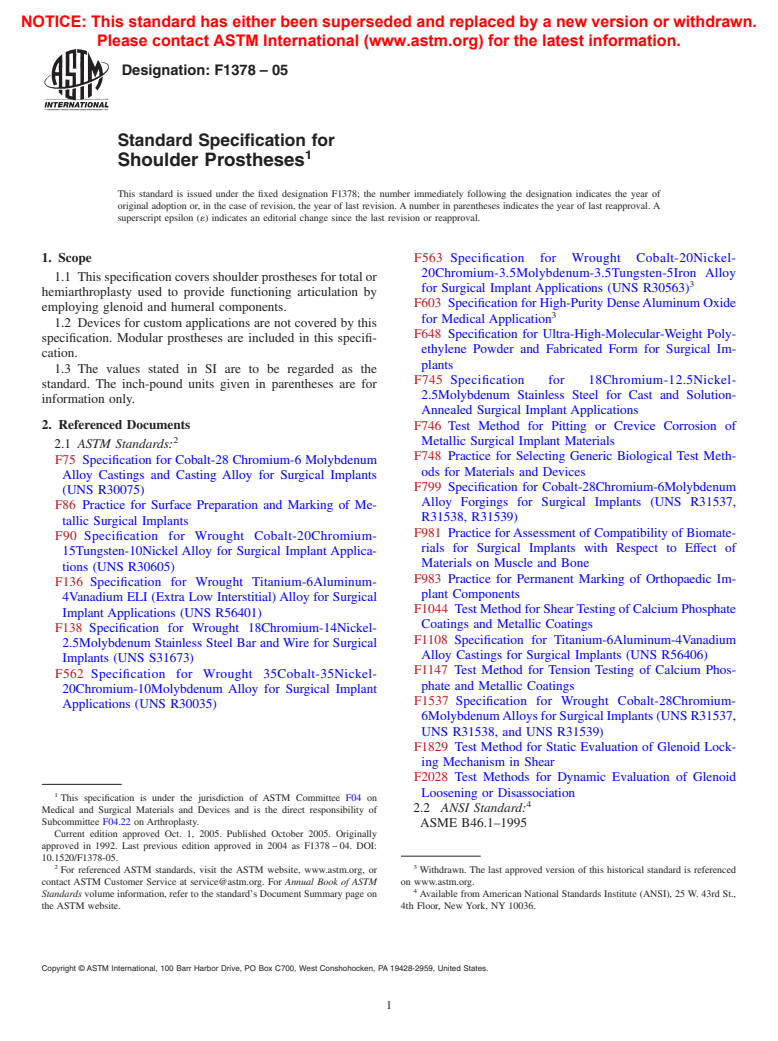 ASTM F1378-05 - Standard Specification for Shoulder Prosthesis