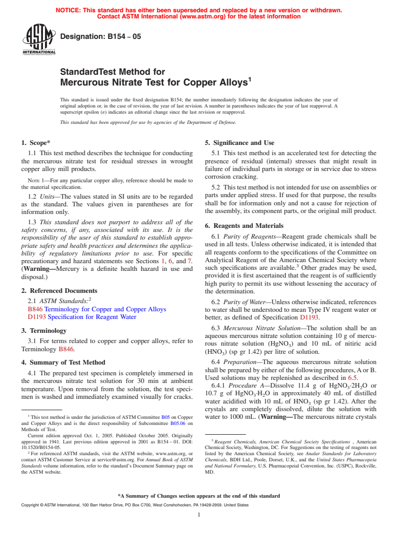 ASTM B154-05 - Standard Test Method for Mercurous Nitrate Test for Copper Alloys