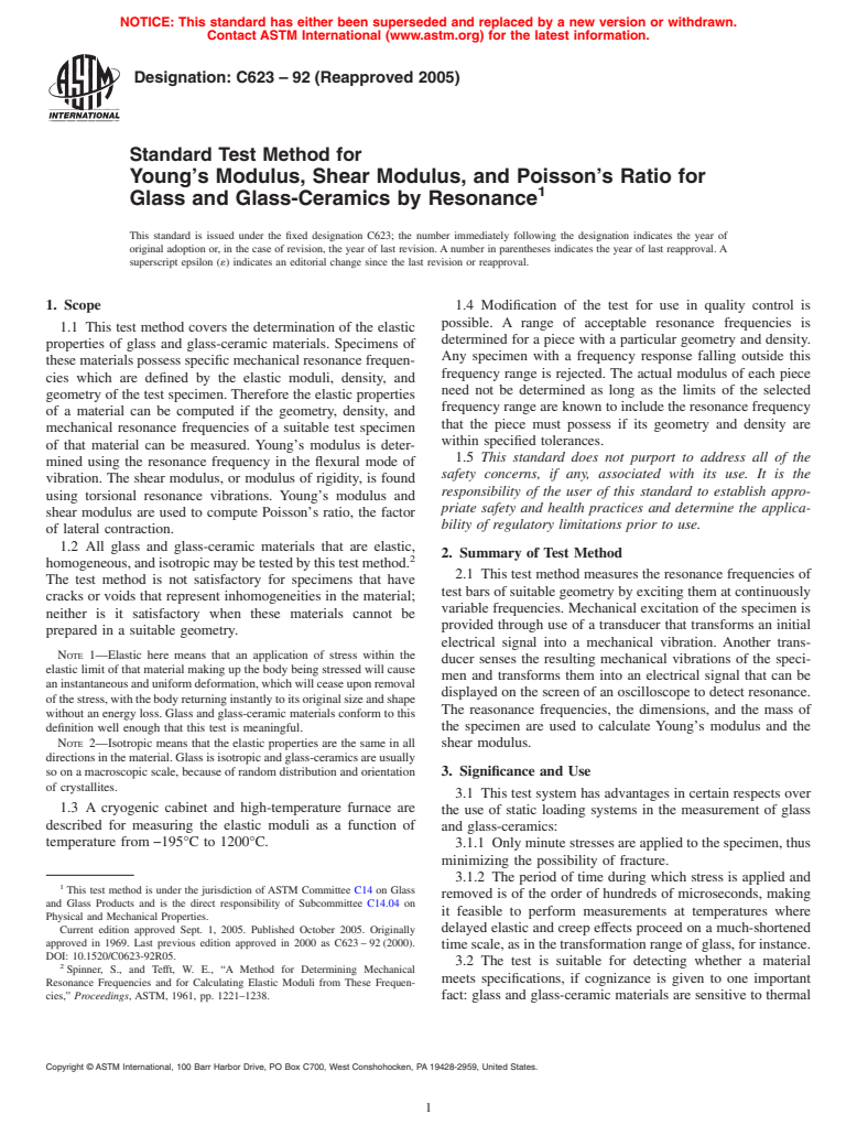 ASTM C623-92(2005) - Standard Test Method for Young's Modulus, Shear Modulus, and Poisson's Ratio for Glass and Glass-Ceramics by Resonance