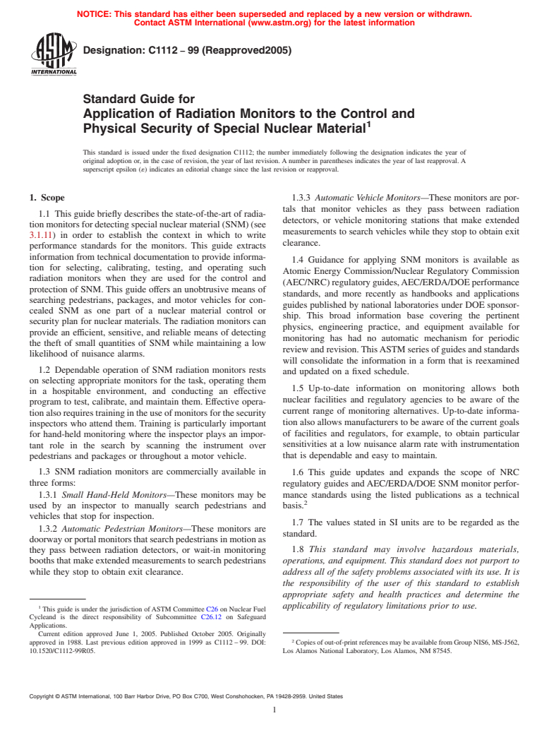 ASTM C1112-99(2005) - Standard Guide for Application of Radiation Monitors to the Control and Physical Security of Special Nuclear Material (Withdrawn 2014)