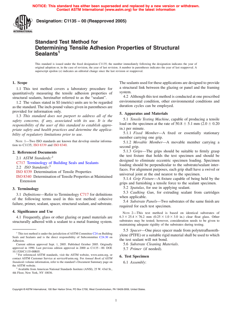 ASTM C1135-00(2005) - Standard Test Method for Determining Tensile Adhesion Properties of Structural Sealants