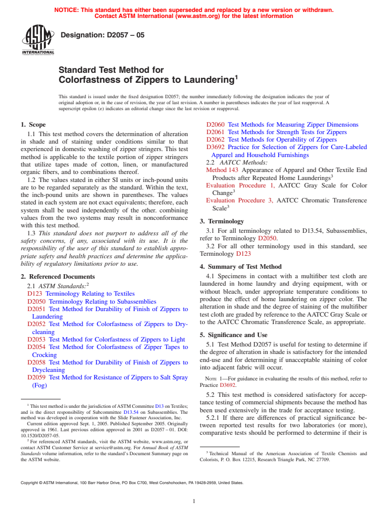 ASTM D2057-05 - Standard Test Method for Colorfastness of Zippers to Laundering