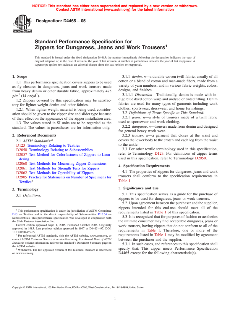 ASTM D4465-05 - Standard Performance Specification for Zippers for Denim Dungarees