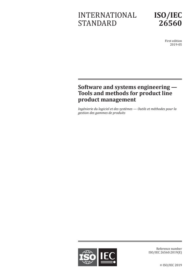 ISO/IEC 26560:2019 - Software and systems engineering — Tools and methods for product line product management
Released:5/23/2019