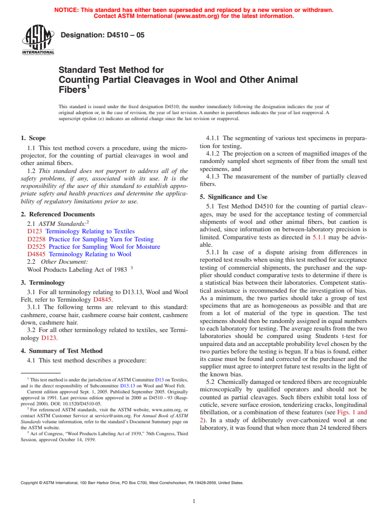 ASTM D4510-05 - Standard Test Method for Counting Partial Cleavages in Wool and Other Animal Fibers