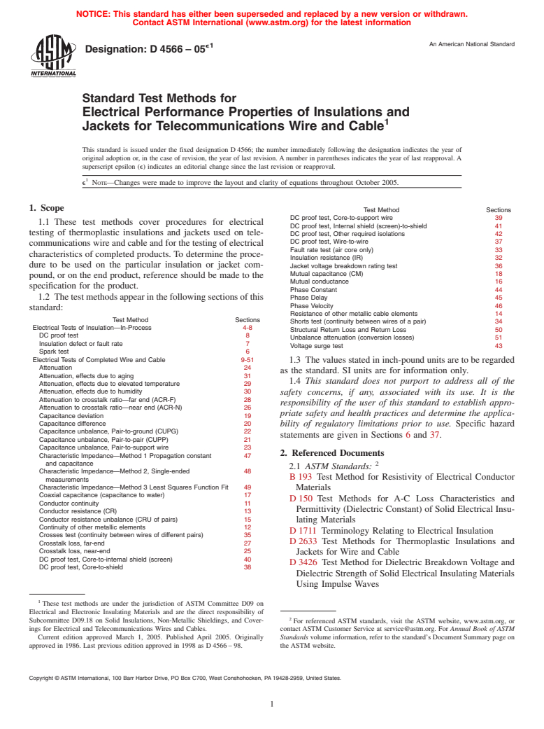 ASTM D4566-05e1 - Standard Test Methods for Electrical Performance Properties of Insulations and Jackets for Telecommunications Wire and Cable