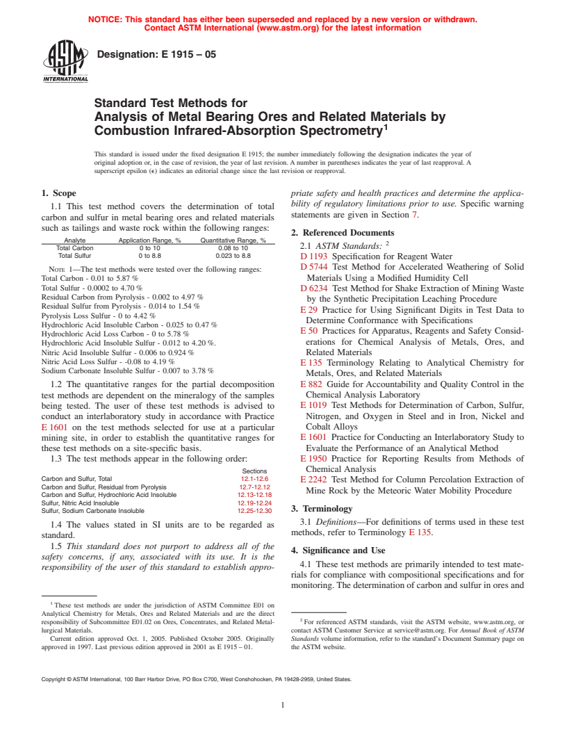 ASTM E1915-05 - Standard Test Methods for Analysis of Metal Bearing Ores and Related Materials by Combustion Infrared Absorption Spectrometry