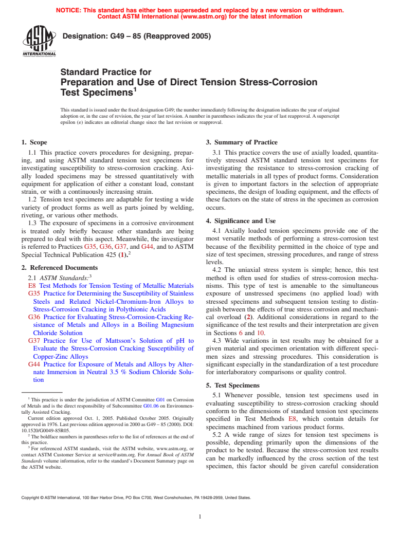 ASTM G49-85(2005) - Standard Practice for Preparation and Use of Direct Tension Stress-Corrosion Test Specimens