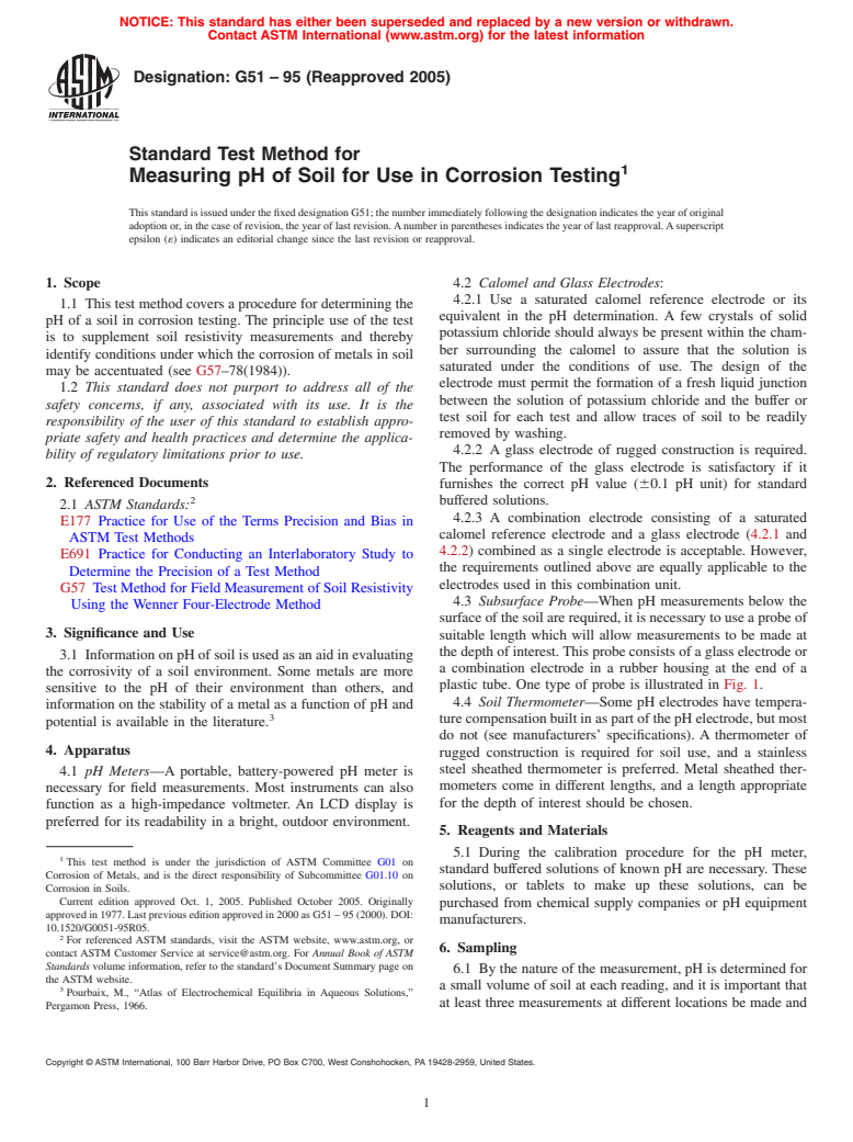 ASTM G51-95(2005) - Standard Test Method for Measuring pH of Soil for Use in Corrosion Testing