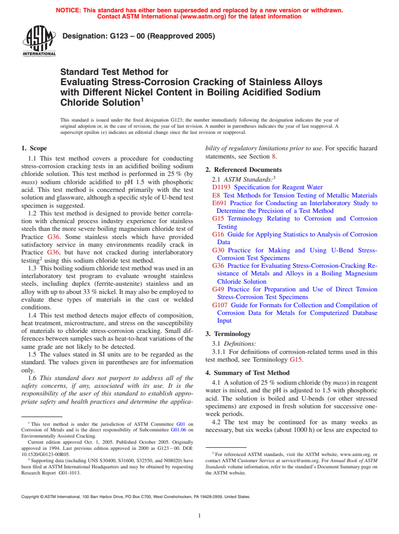 ASTM G123-00(2005) - Standard Test Method for Evaluating Stress-Corrosion Cracking of Stainless Alloys with Different Nickel Content in Boiling Acidified Sodium Chloride Solution