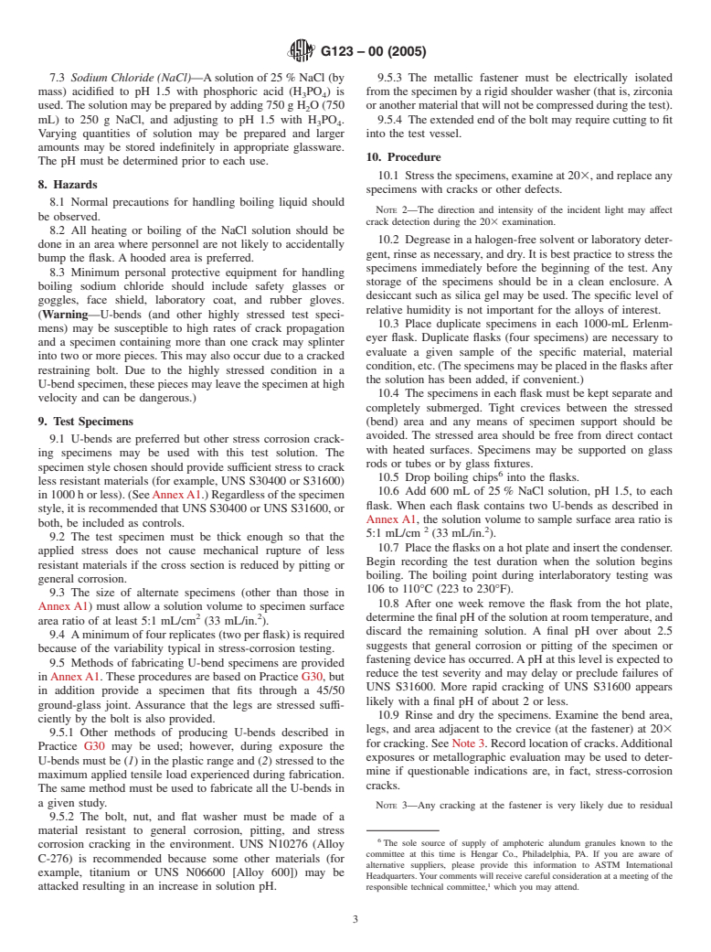 ASTM G123-00(2005) - Standard Test Method for Evaluating Stress-Corrosion Cracking of Stainless Alloys with Different Nickel Content in Boiling Acidified Sodium Chloride Solution