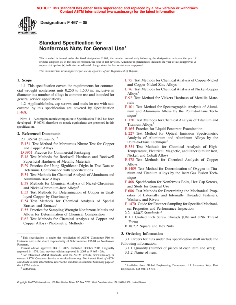 ASTM F467-05 - Standard Specification for Nonferrous Nuts for General Use