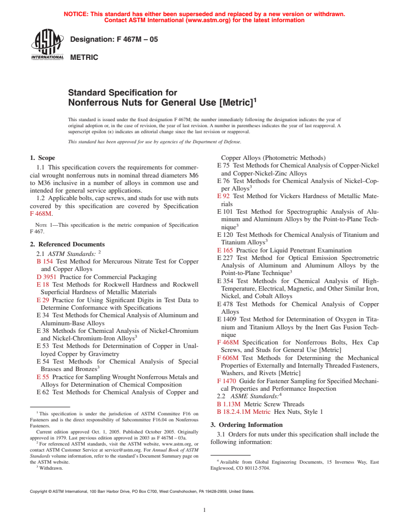 ASTM F467M-05 - Standard Specification for Nonferrous Nuts for General Use [Metric]