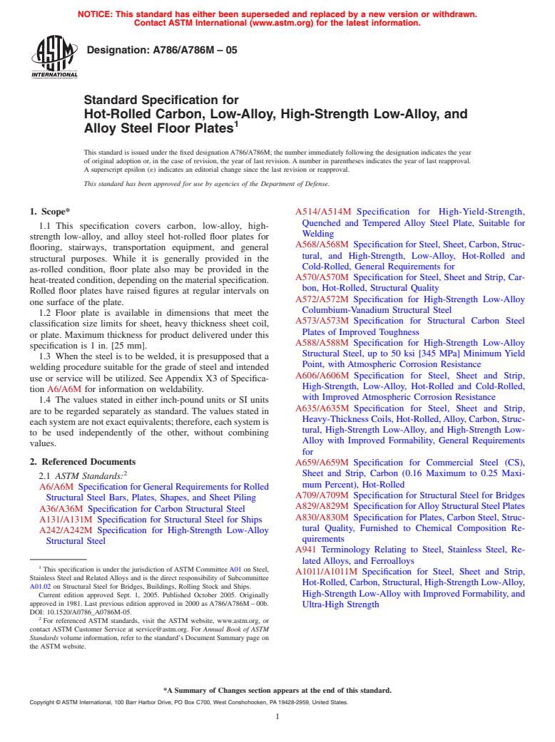 ASTM A786/A786M-05 - Standard Specification for Hot-Rolled Carbon, Low-Alloy, High-Strength Low-Alloy, and Alloy Steel Floor Plates