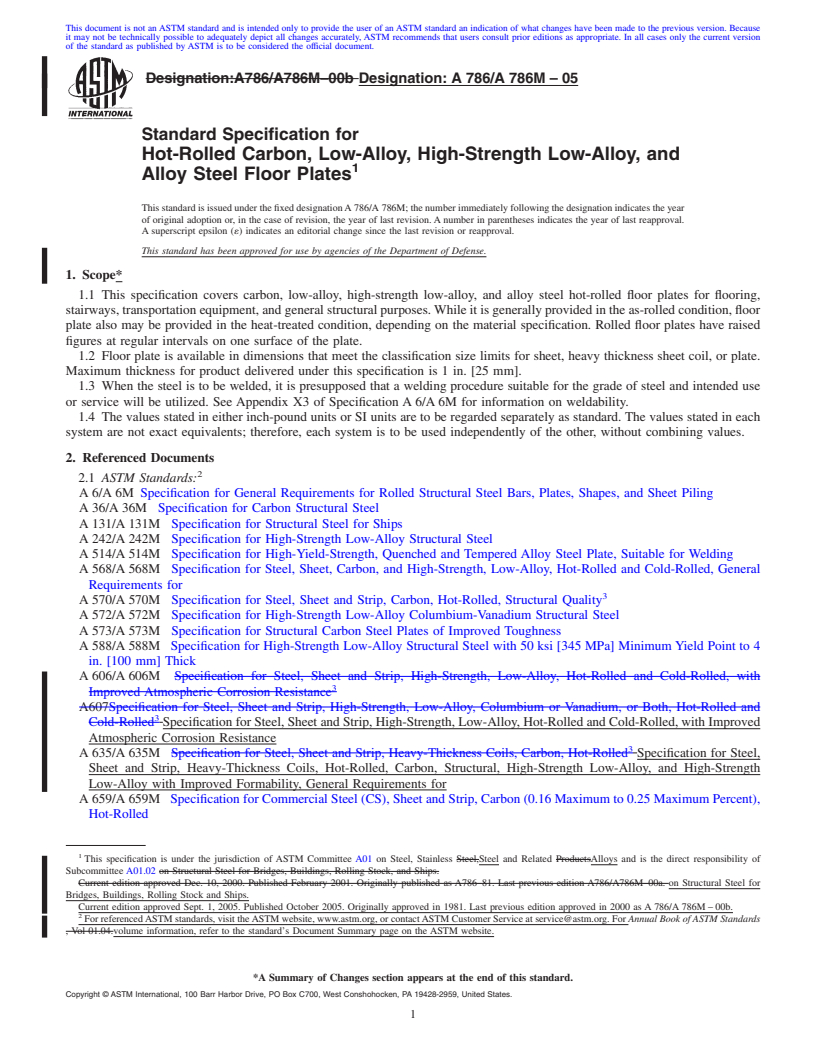 REDLINE ASTM A786/A786M-05 - Standard Specification for Hot-Rolled Carbon, Low-Alloy, High-Strength Low-Alloy, and Alloy Steel Floor Plates