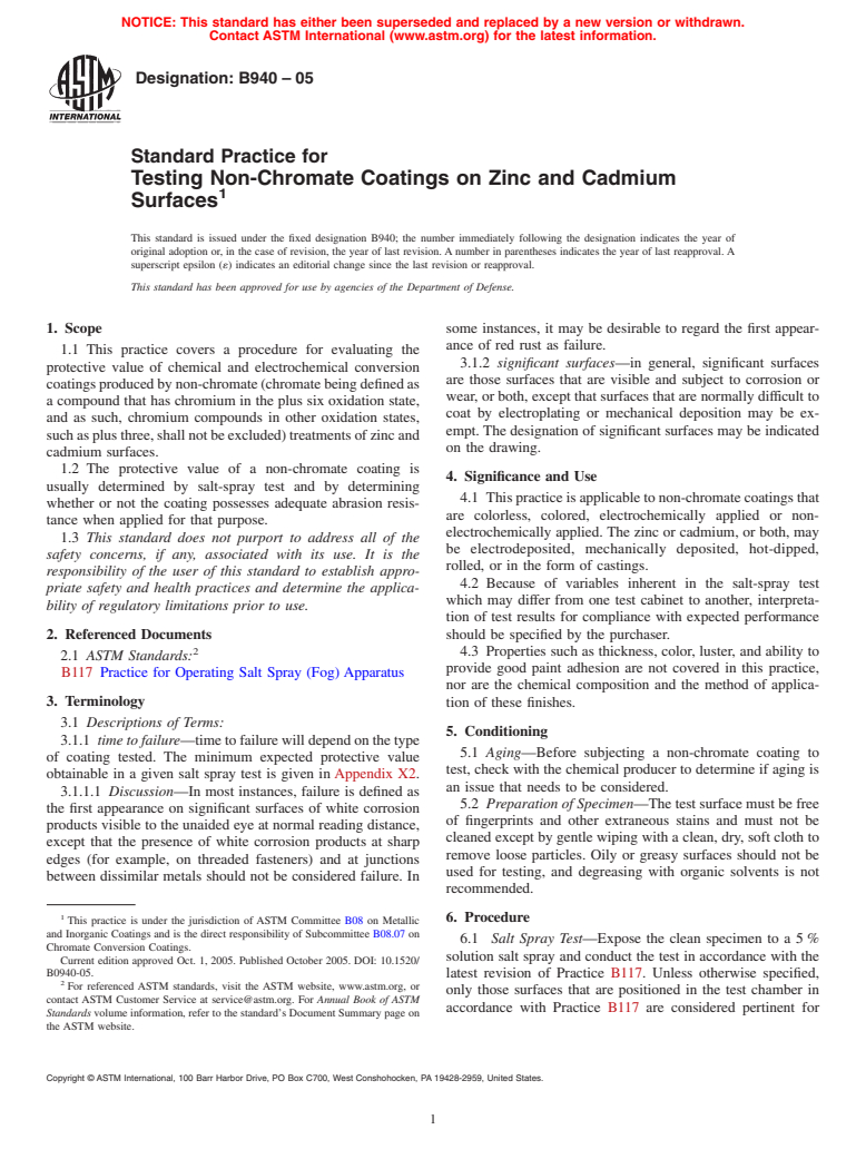 ASTM B940-05 - Standard Practice for Testing Non-Chromate Coatings on Zinc and Cadmium Surfaces